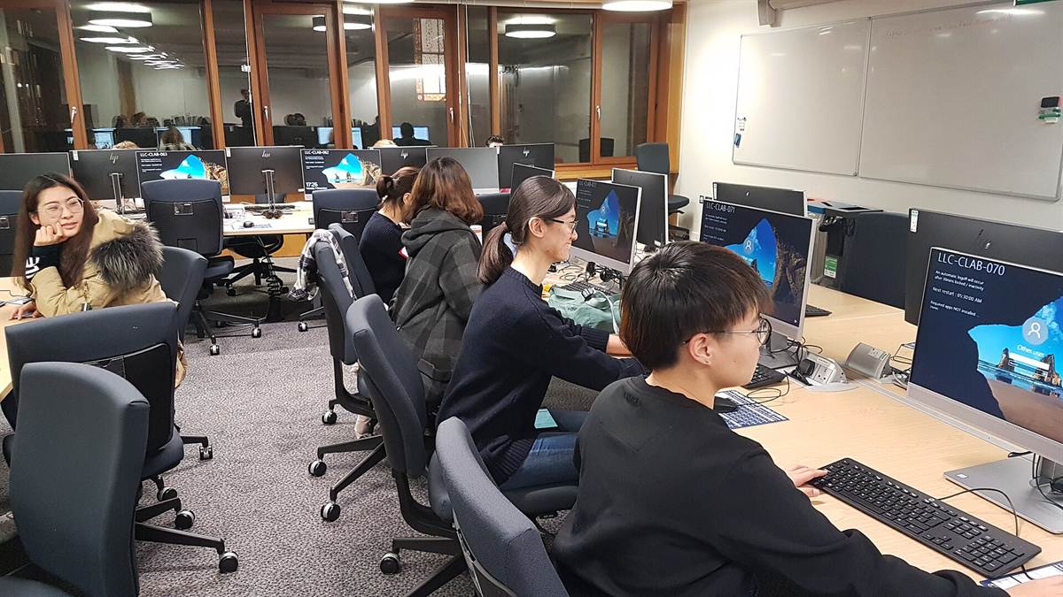 Students working side by side in a university computer room